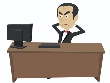 Bilgisayarın önündeki masada oturan kızgın bir adamın resmi.