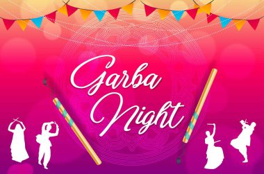 Navratri Dandiya için diskoda yaratıcı tasarım Garba Night çifti pembe arkaplanlı dans
