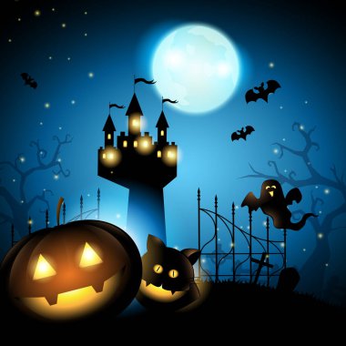 Cadılar Bayramı balkabağı kedi hayaleti ve mezarlıktaki şato koyu mavi arka planda, vektör illüstrasyon.