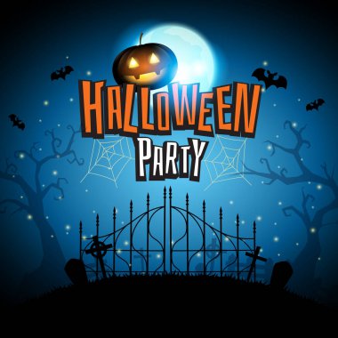 Cadılar Bayramı 'nda balkabağı yarasaları mezarlıktaki mavi ay arka planında uçar..