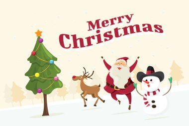 Noel Baba 'nız kutlu olsun. Ağaçta geyik ve kardan adam var. illüstrasyon vektörü