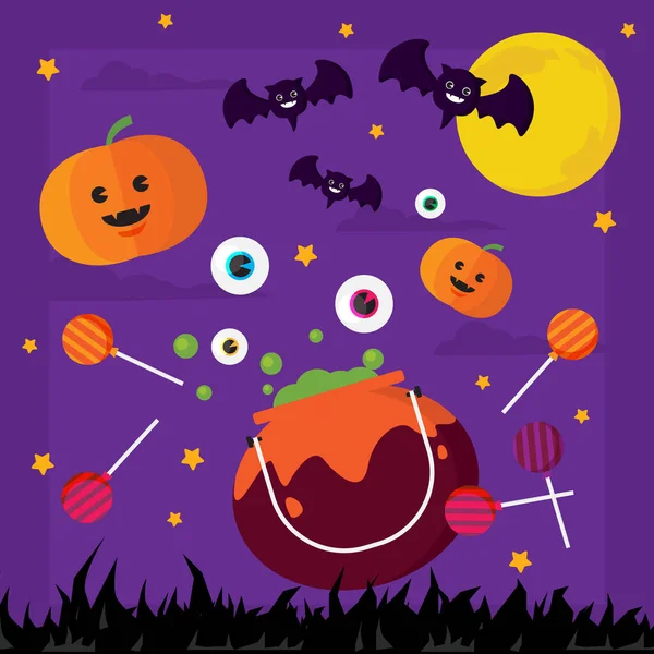 Happy Halloween Pumpki Bat Moon Illustrations — Stock Vector