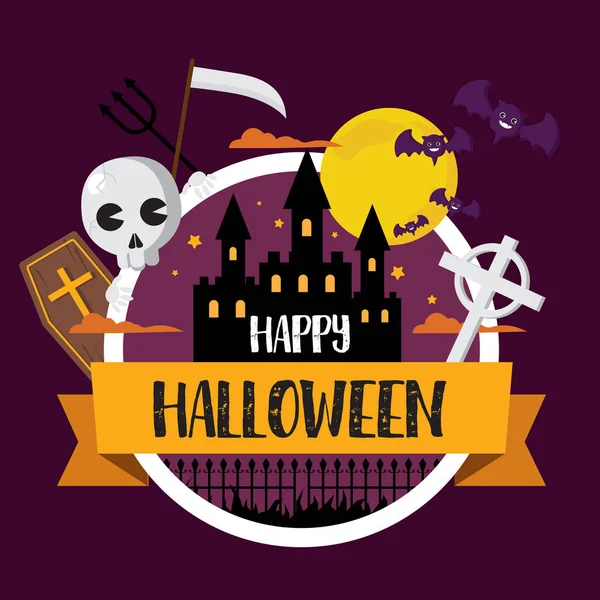 Happy Halloween Concept Bat Skull Castle Moon Background — Stock Vector