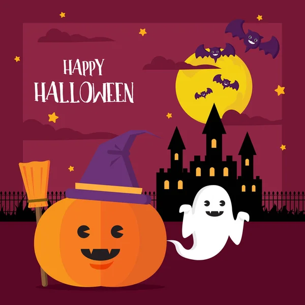 Happy Halloween Concept Pumpkin Witch Hat Ghost Castle — Stock Vector