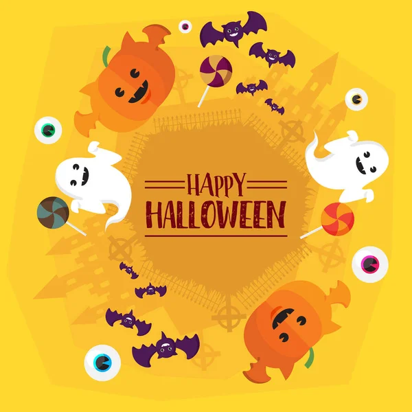 Happy Halloween Concept Pumpkin Witch Hat Ghost Skull Castle — Stock Vector
