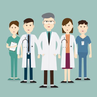Tıbbi ekip ve hastane vektör çiziminde çalışan bir grup doktor.