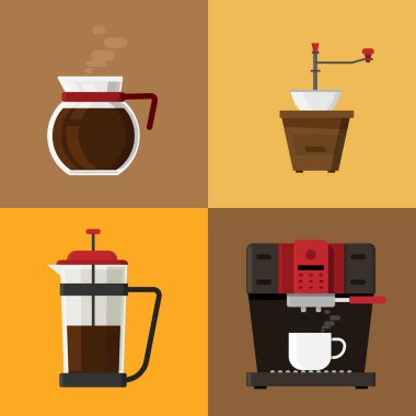Arka planda kahve ikonları ve kahve makinesi elementleri var. vektör illüstrasyonu