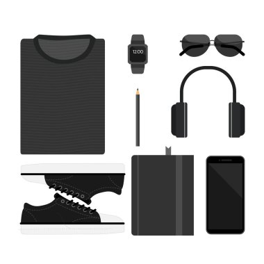 Gadget mobil cihazlı elementler, tişörtler ve spor ayakkabıları, Kişisel ve İş Simgeleri Koleksiyonu, Vektör illüstrasyonu.