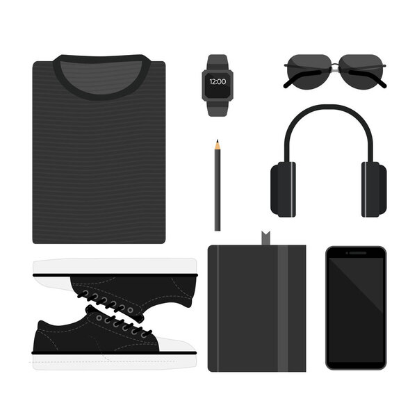 Элементы с гаджетами мобильных устройств документы футболки и кроссовки, Личные и бизнес-иконки Коллекция набор черный, векторная иллюстрация.