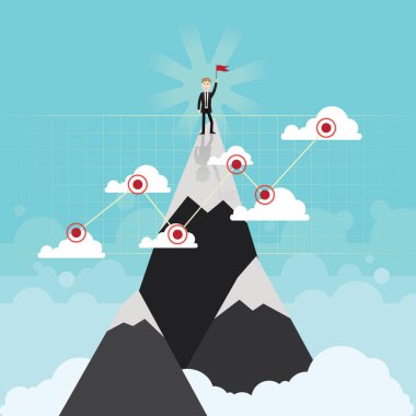 Dağ zirvesinde iş adamı başarı konsepti bayrağı.