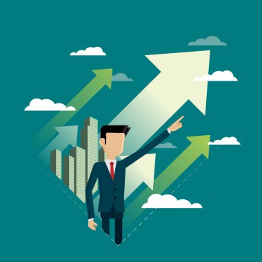 İş adamı, iş fırsatları için arka plandaki kenti işaret ediyor. Vektör illüstrasyonu