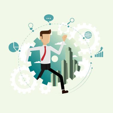 İş adamı içeriden vites kutusu çalıştırıyor ve fırsatlar için iş kuruyor. vektör illüstrasyonu kavramları