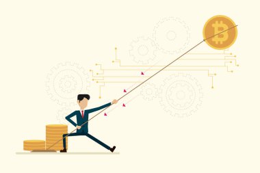 İşadamı bitcoin arkaplan dijital ve teçhizat çıkardı. vektör illüstrasyonu kavramları