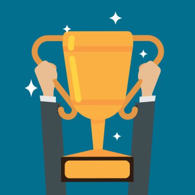 Başarılı olduğu için iki el altın kupa ödülü alan iş adamı. vektör illüstrasyonu