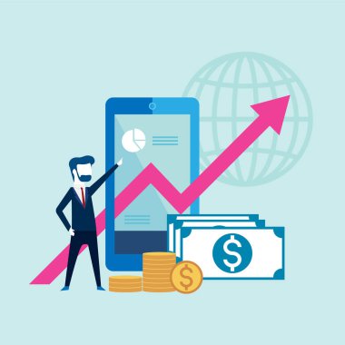 Oklu iş adamları akıllı telefon ve finans, konsept vektör illüstrasyonunda hedefe gidiyor