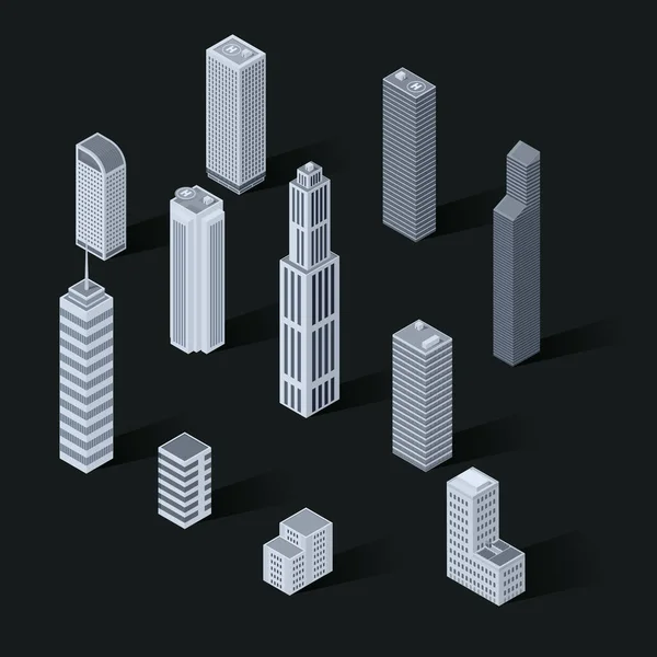 Isometrische Stadt Wolkenkratzer Icon Set Schwarz Weiß Illustrationsvektor — Stockvektor
