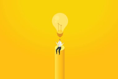 İş adamı ampulün altında oturup yaratıcı bir çözüm düşünmez. Düz izometrik çizim vektörü