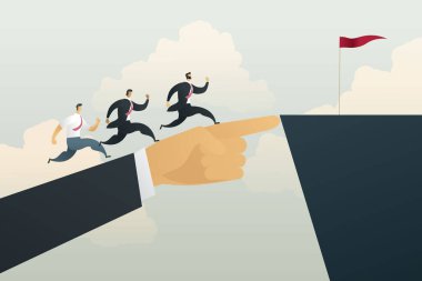 İşadamı, bir uçurumun tepesine işadamlarının hedefe koşması için yerleştirilmiş bir bayrağı işaret ediyor. Vektör illüstrasyonu