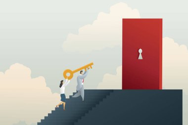 İş adamı ve iş kadını, kırmızı kapıdaki kilit deliğini açmak için altın anahtarı tutmak üzere merdivenleri çıkıyorlar. İş konsepti vektör çizimi.