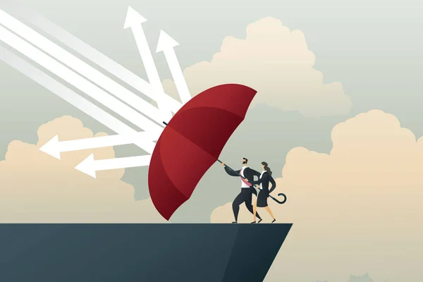 商人和女商人带着雨伞红色的防护箭落在悬崖上 经济危机或市场崩溃中的衰退 图解向量 — 图库矢量图片