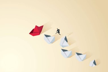 İşadamı batan her gemiden yeni bir hedef gemiye atlar. Girişim konsepti ekonomik kriz sırasında yeni fırsatlar arıyor. Vektör illüstrasyonu.