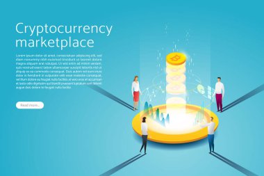 Bitcoin engelleme teknolojisi kavramı. grup insanlar dijital para madenciliği Kripto para piyasası finans ve ticaret, iniş sayfası şablonu. izometrik vektör çizimi.