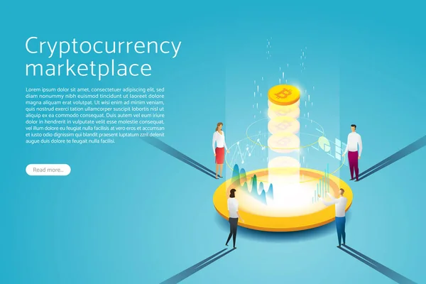 Konzept Der Bitcoin Blockchain Technologie Group People Digital Currency Mining — Stockvektor