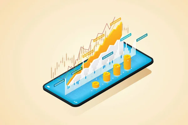 Bitcoin, online kripto para yatırımıyla cep telefonu akıllı telefonu ticareti yapıyor. Artan finansal endeks ve borsa. - Evet. izometrik vektör çizimi.