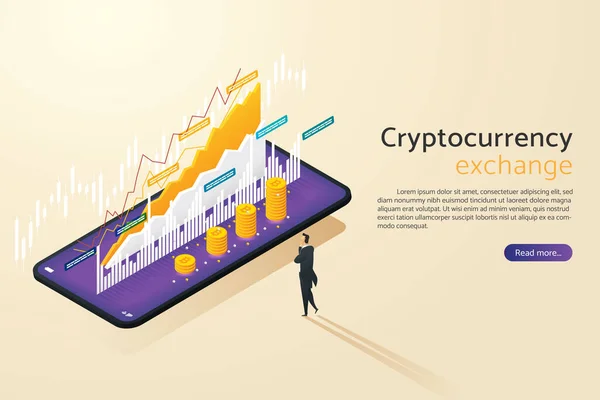 İşadamı cep telefonuyla online kripto para yatırımıyla Bitcoin alıp satıyor. Artan finansal endeks ve borsa. izometrik vektör çizimi.