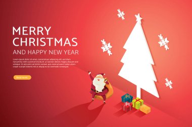 Noel Baba Büyükbaba, Noel ağacında bir sürü hediyeyle tabela yakmış. Mutlu Noeller ve mutlu yıllar, web pankartları, bilgi grafikleri, izometrik vektör çizimleri.
