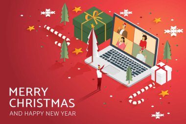 İnternetteki tatil partisi videolarında dizüstü bilgisayardaki insanlar Noel ağacı hediye kutusu yıldızıyla dekore ediyorlar. Mutlu Noeller ve web afişi için mutlu yıllar. izometrik vektör çizimi.
