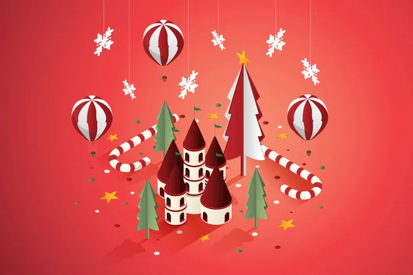 Χριστούγεννα Πόλη Παιχνίδι Θαυμάτων Φανταστική Μπαλόνι Χριστουγεννιάτικο Δέντρο Καλά Χριστούγεννα — Διανυσματικό Αρχείο