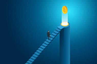 İşadamı Bitcoin kripto para birimine merdivenlerden çıkıyor. Çözüm ve vizyon edinme fırsatı ya da alternatif finansal varlık. izometrik illüstrasyon vektörü.