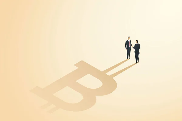 İş adamları el sıkışıyor. Bitcoin döviz değişimi, kripto döviz yeniliği, engelleme zinciri, fintech ve teknoloji finansmanı konusunda hemfikir. izometrik vektör çizimi.