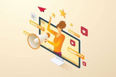 Megafonlu bir kadın canlı yayın videosuyla sosyal medyayı tanıtıyor. Çevrimiçi video bloglama dijital pazarlama konsepti, halkla ilişkiler ve iş dünyası. izometrik vektör çizimi.