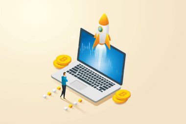 İşadamı dizüstü bilgisayardan roketlerin fırlatılışını izliyor. Yükselen dijital para, bitcoin ve kripto para birimi teknolojisiyle yüksek büyüme kavramını ele alalım. İzometrik vektör illüstrasyonu.