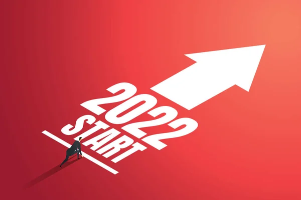 İşadamı 2022 yılındaki yeni yıl hedefleri doğrultusunda başlangıç pozisyonuna geçmeye hazır. İş rekabetinin, zorlukların ve kariyerlerin başlangıç noktası. izometrik vektör çizimi.
