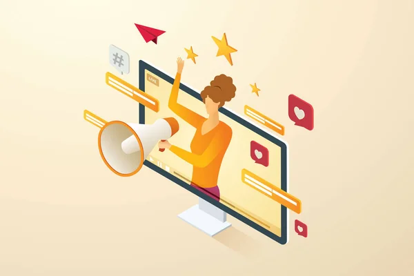 Megafonlu bir kadın canlı yayın videosuyla sosyal medyayı tanıtıyor. Çevrimiçi video bloglama dijital pazarlama konsepti, halkla ilişkiler ve iş dünyası. izometrik vektör çizimi.