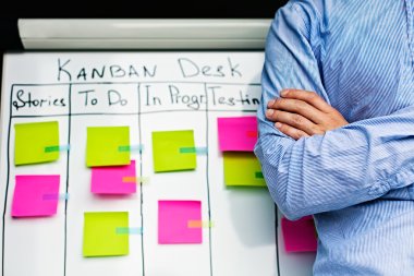 Image of kan ban desk to do list board kanban with post-it notes. clipart