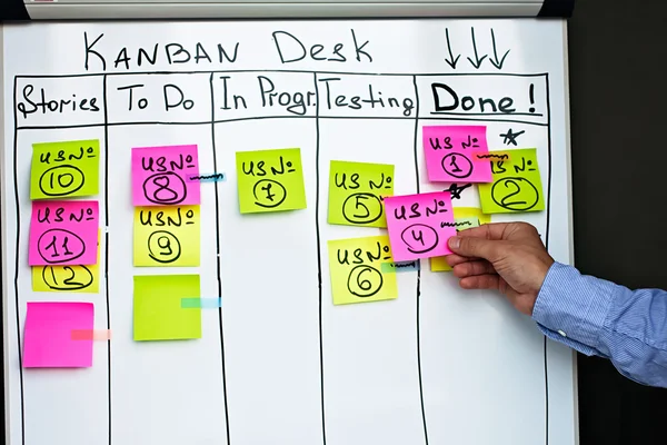 Vooruitgang op Kanban bord. Work in progress in kan verbod methodologie. — Stockfoto