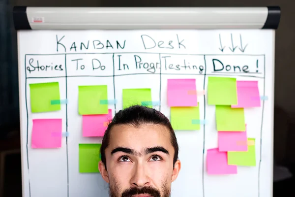 Merengő vagy sikeres projekt manager háttér kanban fórumon asztal képe. — Stock Fotó