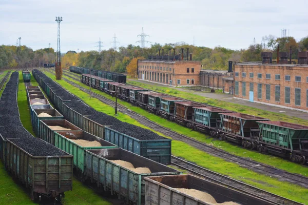 Velké Kovové Vozy Železnice Jezdí Malou Zelenou Trávou Umístěnou Nakládacím — Stock fotografie