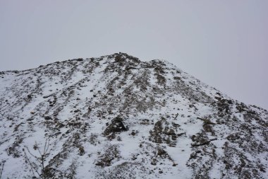 Aralığın sonunda ağaçlar ve çalılarla kaplı, beyaz pofuduk karla kaplı, yıpranmış bir yol boyunca büyük, yüksek bir dağ..