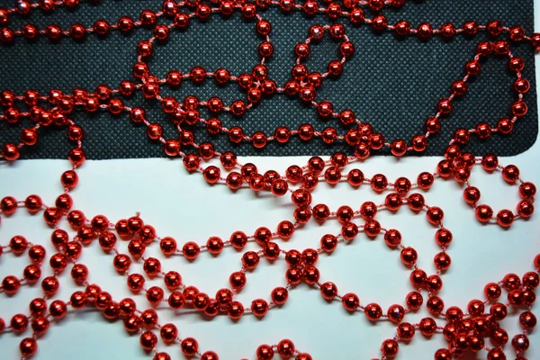 New Year Christmas Red Beads New Year Tree Randomly Scattered — Stock Photo, Image