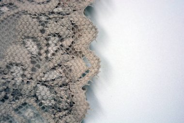 Güzel, zarif, kahverengi dantel kumaş. Çiçekler ve desenler beyaz arka planda..