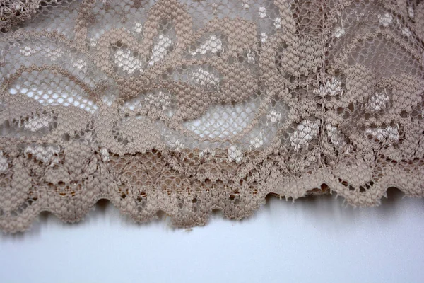 Beautiful gentle female brown lace fabric with flowers and patterns located on a white background.