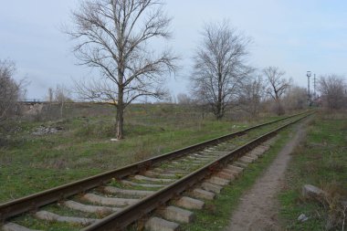Old railway line with thick, wide metal rails, old wooden decks, sleepers runs along a park area with old deciduous trees and bushes without leaves in late autumn.