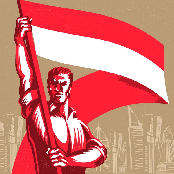 Homem Segurando Uma Bandeira Indonésia Com Vetor Orgulho Ilustração — Vetor de Stock