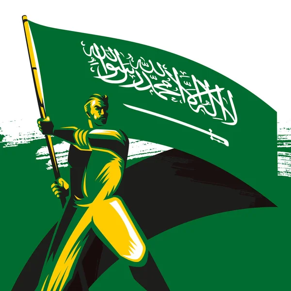 Suudi Arabistan Bayrağını Gururla Taşıyan Adam Suudi Arabistan Vatandaşı — Stok Vektör