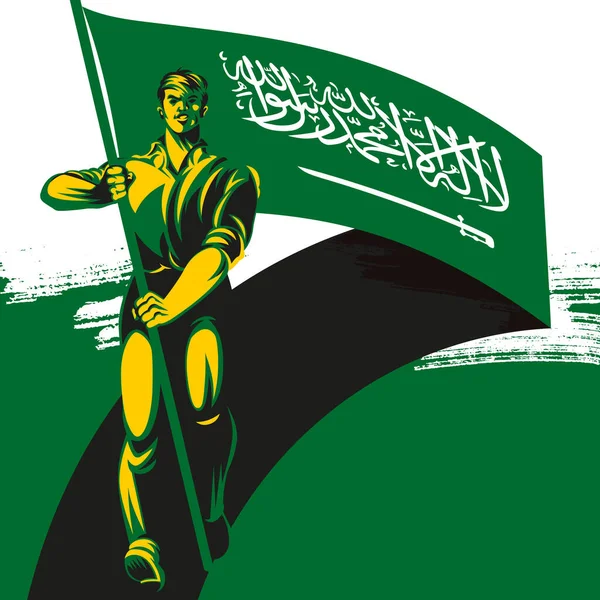 Suudi Arabistan Bayrağını Gururla Taşıyan Adam Suudi Arabistan Vatandaşı — Stok Vektör